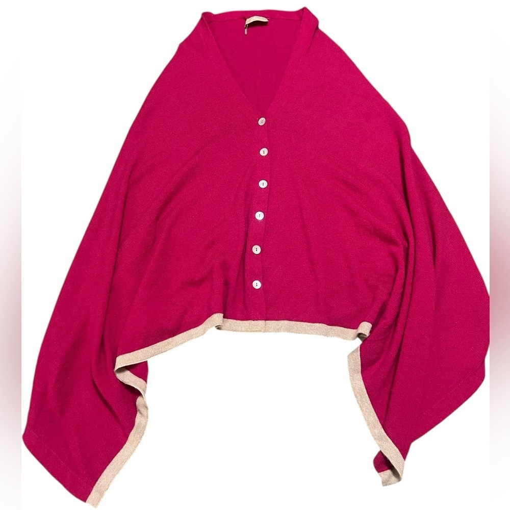 Spartina 449 NWOT fuchsia & tan trim cashmere and wool poncho worn 2 ways